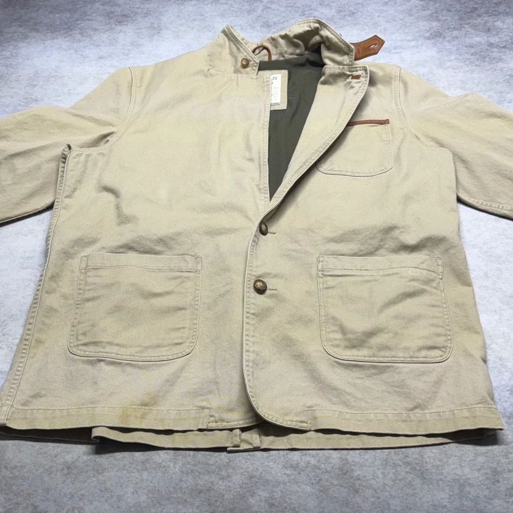 VTG Orvis Zambezi Twill Safari Field Jacket Mens 46L Tan Leather Elbow Patches